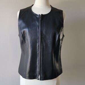 Talbots Genuine 100% Leather Vest Sz 16 Front Dual Zip Lined Black Bikercore EUC
